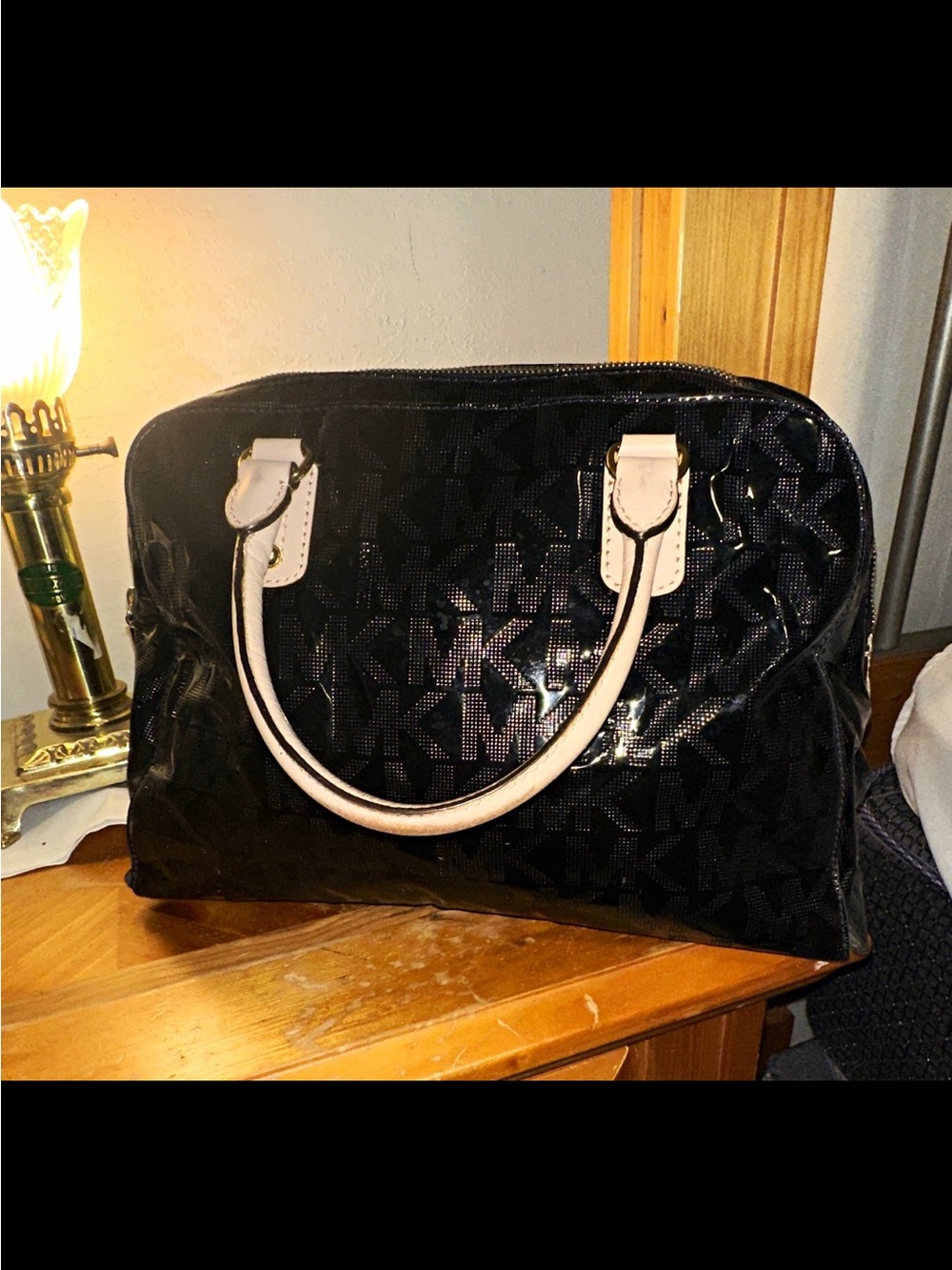 Michael Kors Black Patent Satchel with White Handles